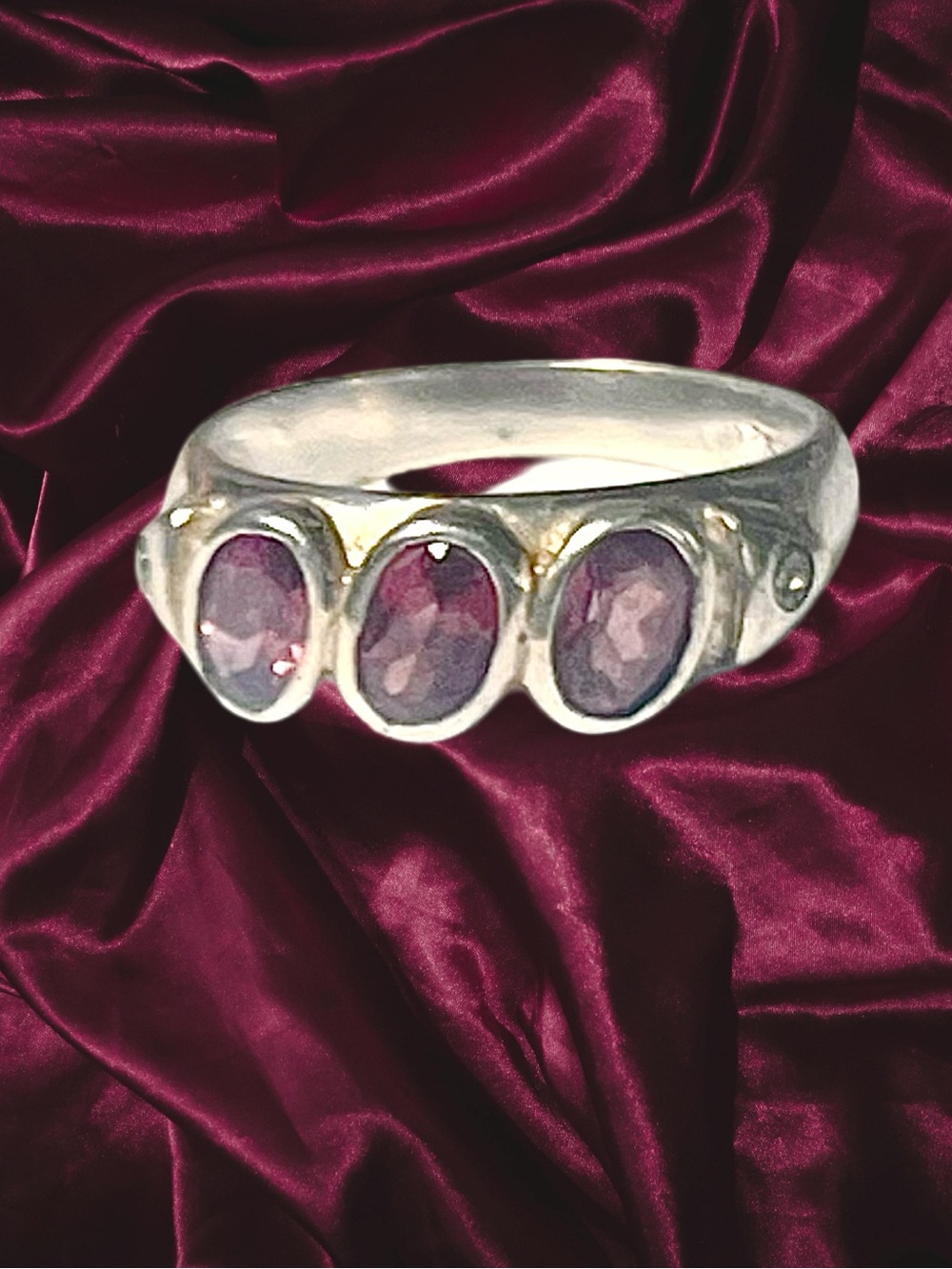Sterling Silver Triple Rhodolite Garnet Gemstone Ring Size 7